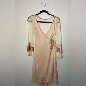 Elegant Pink Sheer Sleeve Wrap Dress